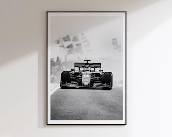 Fotografía impresa del coche de carreras Ferrari F1, póster en blanco y negro (descarga digital).