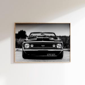 Impresión de Camaro SS, descarga digital, muscle car americano, coche clásico, póster de coche de moda vintage, foto de coche antiguo, blanco y negro, arte de pared imprimible