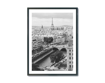 Paris Black and White Print, Eiffel Tower Poster, Seine River View, Paris Cityscape Art