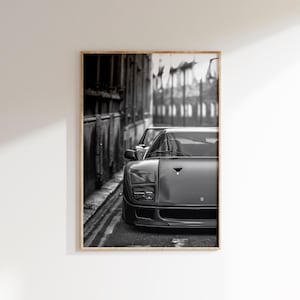 Póster de Ferrari F40 para descargar digitalmente, impresión de F40, arte mural de Ferrari en blanco y negro, fotografía de coches antiguos, coches deportivos clásicos, coches de lujo antiguos