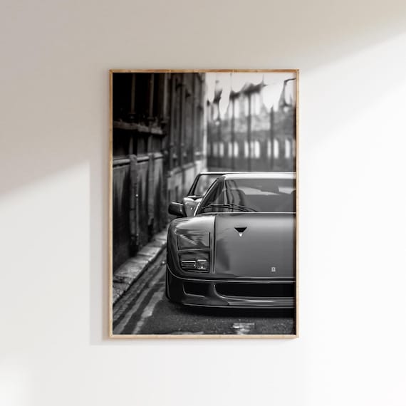Ferrari F40 Poster, Black and White Ferrari Wall Art, Supercar