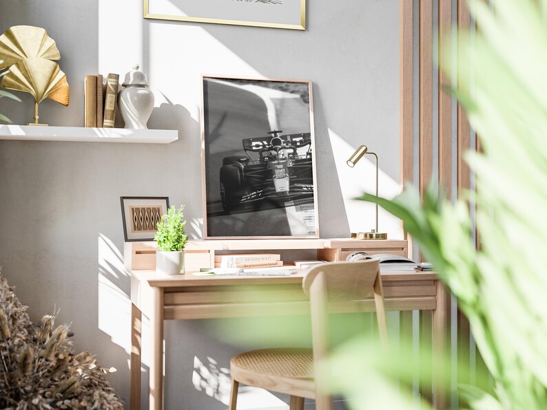 May include: A light wooden desk with a framed monochrome photograph of a racing car. A small potted plant, books, and a gold desk lamp are on the desk. A white shelf holds books and a decorative vase.