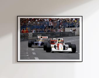 Póster de carreras del GP de Mónaco de F1 con Ayrton Senna y Nigel Mansell, impresión vintage de F1 (descarga digital)