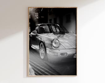 Classic Prsch Poster Download, Close-up Vintage Prsch Print, Black and White Car Wall Art
