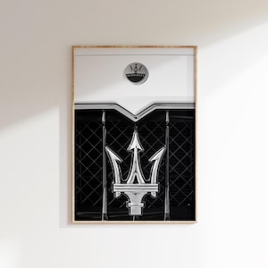 Printable Maserati Photo Poster Digital Download,Close Up Maserati Print,Black and White Car Logo Print,Car Wall Decor,Vehicle Wall Art