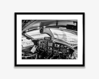 Airplane Cockpit Print Instant Download,Airplane Cockpit Poster,Black and White Airplane Wall Art,Aeroplane Print,Airplane Interior View