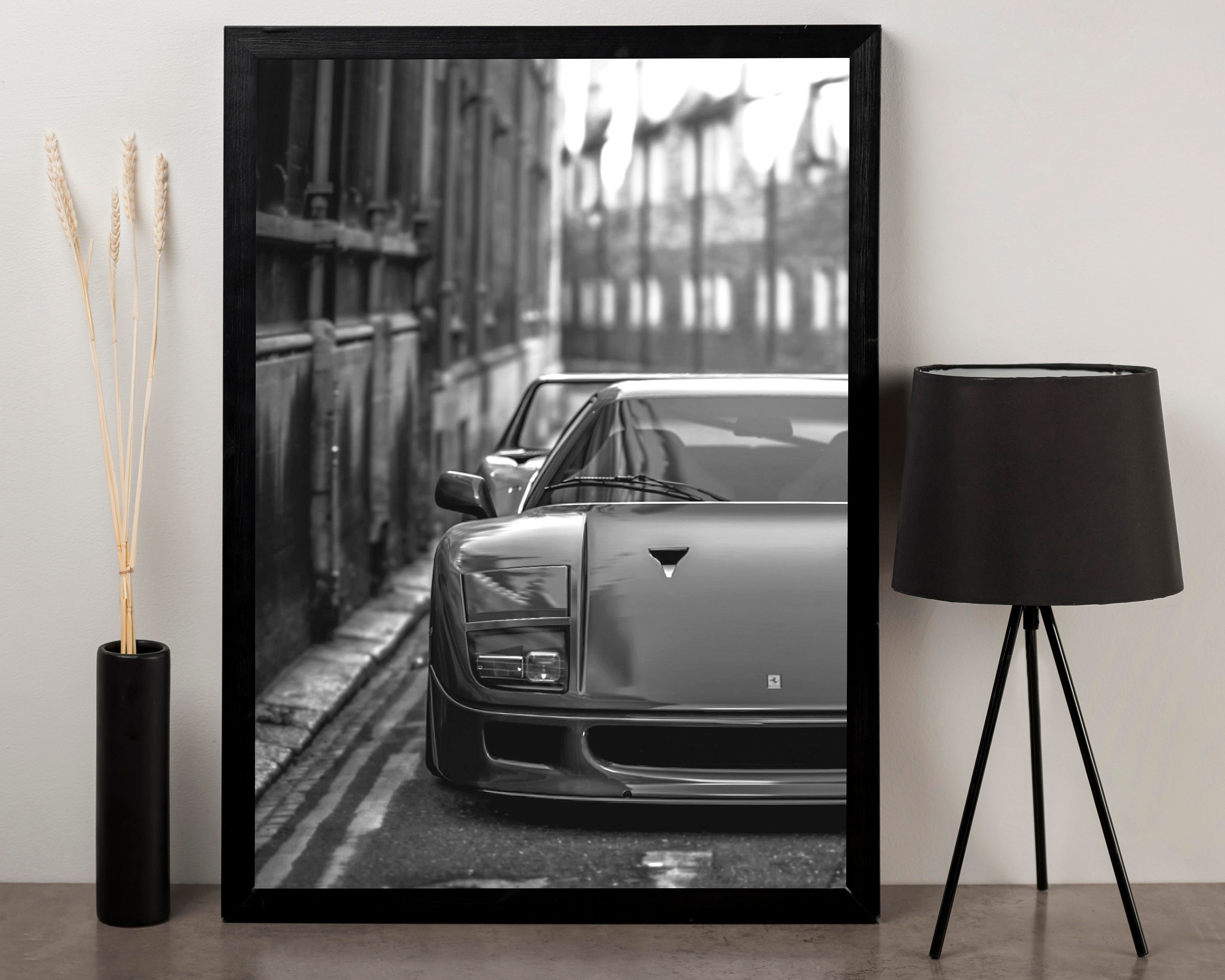 Ferrari F40 Poster, Black and White Ferrari Wall Art, Supercar