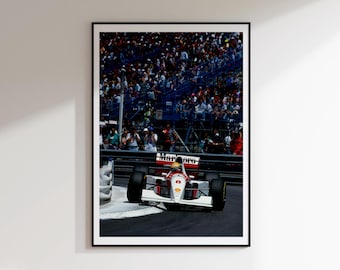 May include: A framed print of a Formula 1 race car speeding around a track. The car is white, red, and black, with the Marlboro logo visible. The background shows a crowd of spectators.