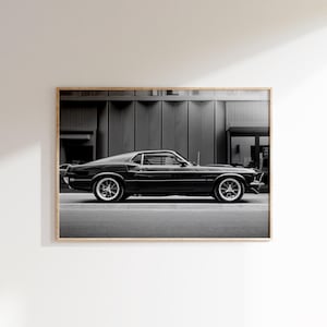Impresión en blanco y negro del Ford Mustang Mach 1 de 1969, póster del Ford Mustang, vista lateral del Ford Mustang, arte mural del coche clásico Mustang, impresión de coche antiguo