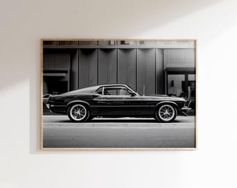 Impressão do Ford Mustang Mach 1 de 1969, pôster de muscle car americano, arte de parede de carro esportivo clássico.