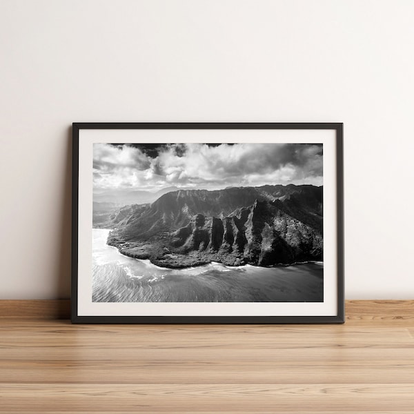 Hawaii Coastal Landscape,Digital Download,Coast Print,Mountain Wall Art,Nature photography,Cloudy Sky Photo,Nature poster,Black and white