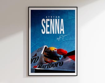 May include: A framed poster featuring the name "SENNA" in large white letters against a blue background. The poster includes a signature and a partial view of a race car with a helmet. The word "Marlboro" is visible.