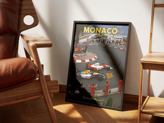 F1モナコポスター、F1ウォールアート、セナとマンセル、ビンテージ