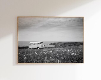 Retro Van on Coast Print Digital Download,Vintage Van Poster,Coastal Wall Art,Black and White Coast Print,Campervan Print,Retro Bus Wall Art