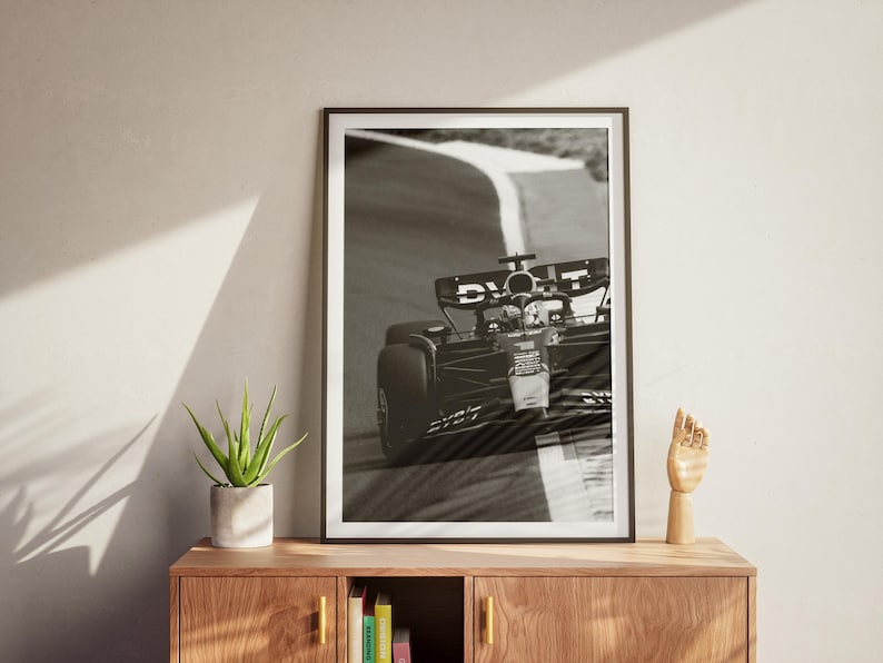 May include: Monochrome framed print of a Formula 1 car on a race track. The print is displayed on a wooden cabinet, alongside a potted plant and a wooden hand sculpture.