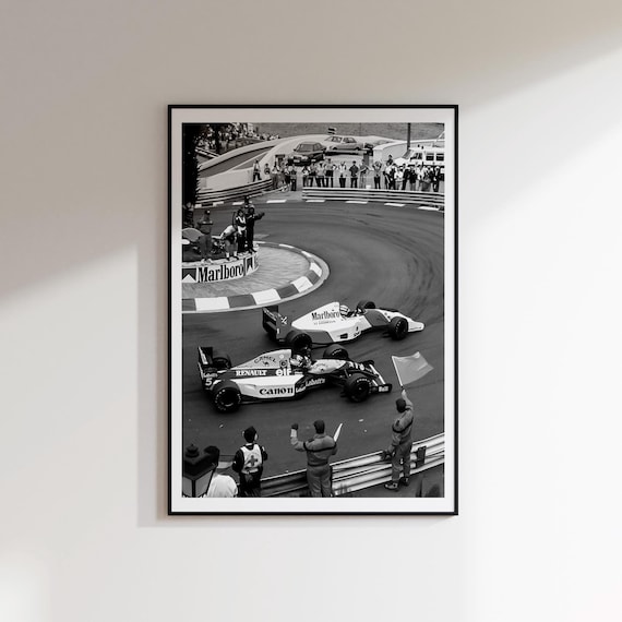 ビンテージ モナコGP レーシングプリント、白黒F1写真、セナとマンセル