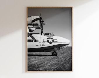 Peut inclure: Tirage encadré en noir et blanc d'un hydravion vintage. L'hydravion a une grande hélice, un emblème d'étoile et le texte "Miss Pick Up". L'avion est sur un champ herbeux.