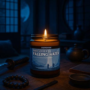 May include: A brown glass candle with a blue label that reads "DUEL UNDER FALLING WATER" and "River of Tsuchina Inspired Gunto". The candle is lit and the flame is visible.