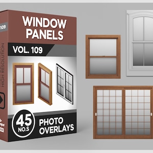 May include: A set of 45 window panel photo overlays, volume 109. The overlays feature different styles of windows, including a traditional double-hung window, a single-pane window, and a sliding glass door. The overlays are high resolution and have clean edges.