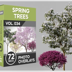 May include: A box of 72 photo overlays featuring spring trees with pink, white, and purple blossoms. The box is labeled "Spring Trees Vol. 034" and "72 Photo Overlays".