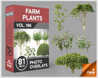 May include: A product box labeled FARM PLANTS VOL. 186 containing 81 photo overlays of various green plants, shrubs, and trees. The box features red and black branding with text including CLEAN EDGES, HIGH DEFINITION, and HIGH RESOLUTION.