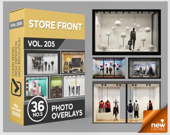 May include: A digital product box labeled STORE FRONT VOL. 205 containing 36 photo overlays. The box displays various retail window display scenes featuring mannequins, clothing, and decorative elements like balloons and spheres in multiple settings.