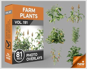 May include: A digital product box labeled FARM PLANTS VOL. 191 containing 81 photo overlays. The box features an orange and black design with text and a preview of various green plants, including tomato vines and stalks, displayed on the right side.