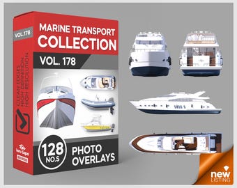 May include: A digital product box labeled Marine Transport Collection Vol. 178 containing 128 photo overlays. The box features images of various boats, including a white yacht shown from front, side, and top views, alongside smaller watercraft.