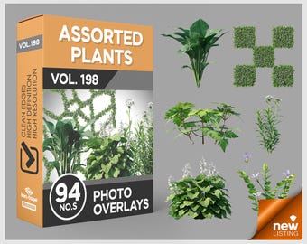 May include: A digital product box labeled Assorted Plants Vol. 198 containing 94 photo overlays. The orange and black packaging displays text including Clean Edges, High Definition, and High Resolution. Six distinct green plant images are shown.