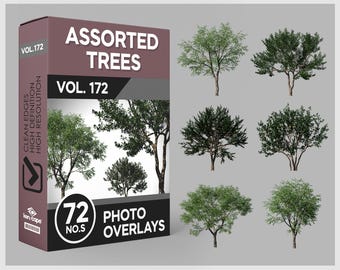 May include: A collection of 72 photo overlays of assorted trees, presented in a box labeled "VOL. 172". The box is dark red with white text, and the trees are displayed against a gray background. The trees vary in size and foliage.