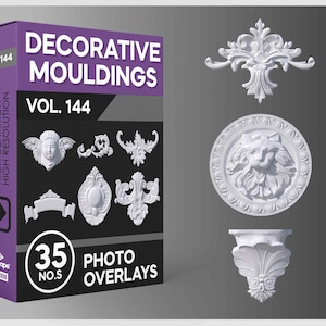 May include: A purple box with the text "Decorative Mouldings Vol. 144" and "35 Photo Overlays". The box features images of white decorative moldings, including a lion head, a floral design, and a scroll.