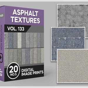 May include: A purple box with the text "ASPHALT TEXTURES VOL. 133" on the front. The box contains 20 digital image prints of seamless, high-definition asphalt textures.