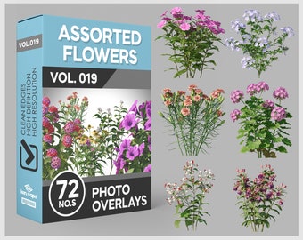 May include: A box of 72 photo overlays featuring assorted flowers. The box is blue and white with the text "VOL. 019 ASSORTED FLOWERS" and "72 NO.S PHOTO OVERLAYS". The box also includes the text "CLEAN EDGES HIGH DEFINITION HIGH RESOLUTION".