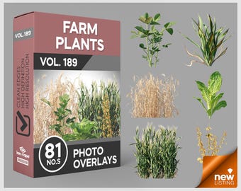 May include: A product box labeled FARM PLANTS VOL. 189 containing 81 photo overlays, displayed alongside individual digital cutouts of various agricultural crops including green leafy plants, tall stalks of wheat, and golden dried grasses.