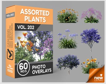 May include: A digital product box labeled Assorted Plants Vol. 202 containing 60 photo overlays. The box features orange and black branding with text including Clean Edges, High Definition, and High Resolution. Six distinct plant images are displayed.