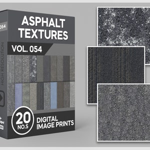 May include: A product box featuring 20 digital image prints of asphalt textures. The box is black with white text that reads "Asphalt Textures Vol. 054". The box also features a preview of the textures.