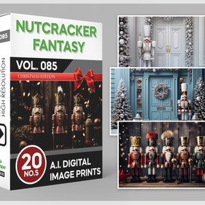 May include: A product box titled "Nutcracker Fantasy Vol. 085 Christmas Edition" with images of nutcrackers. The box has text that reads "Clean Edges, High Definition, High Resolution" and "20 A.I. Digital Image Prints".