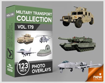 May include: A digital product box labeled Military Transport Collection Vol. 179 containing 123 photo overlays. The box displays images of a tan humvee, a green tank, a gray helicopter, a fighter jet, and a hovercraft, alongside several military vehicles.