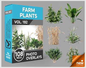May include: A digital product box labeled FARM PLANTS VOL. 192 containing 108 photo overlays. The box features a blue and black design with text including CLEAN EDGES HIGH DEFINITION HIGH RESOLUTION. Six distinct green and dried plant images are displayed.