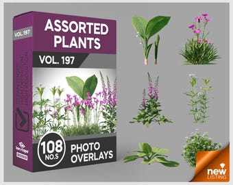 May include: A purple and black product box labeled Assorted Plants Vol. 197 containing 108 photo overlays. The box displays various green plants and pink flowers. Next to the box are individual cutouts of green foliage and pink and white flowers.