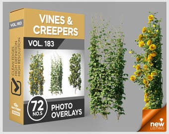 May include: A product box labeled VINES & CREEPERS VOL. 183 containing 72 photo overlays. The box displays images of climbing plants, including a tall vine with yellow roses. Next to the box are two vertical plant displays, one with green leaves and one with yellow roses.