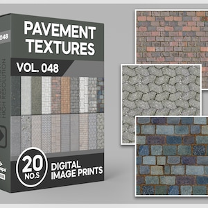 Puede incluir: Una caja de 20 impresiones digitales de imágenes de texturas de pavimento. La caja está etiquetada como "Pavement Textures Vol. 048" y presenta una variedad de texturas de pavimento, que incluyen ladrillo, adoquines y concreto.