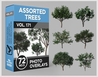 May include: A product box labeled "ASSORTED TREES VOL. 171" with "72 PHOTO OVERLAYS." The box is blue and black, with images of various trees. Six different tree images are displayed on a gray background, showcasing diverse foliage.