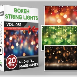 May include: A set of 20 digital image prints featuring bokeh string lights in red, green, and gold. The images are high resolution and have clean edges.  The images are perfect for adding a festive touch to your holiday projects.