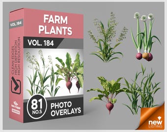 May include: A digital product box labeled FARM PLANTS VOL. 184 containing 81 photo overlays. The box features images of various farm plants including beets, onions, and grains. The design includes text such as CLEAN EDGES, HIGH DEFINITION, and HIGH RESOLUTION.