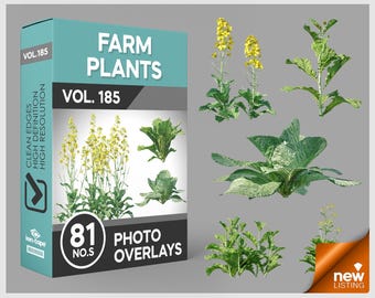 May include: A digital product box labeled FARM PLANTS VOL. 185 containing 81 photo overlays. The box features images of green leafy plants and yellow flowering stalks. Several individual plant cutouts are displayed to the right of the box.