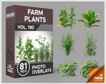 May include: A digital product box labeled FARM PLANTS VOL. 190 containing 81 photo overlays. The box features a dark brown and black design with white text and a preview of various green farm plants, including tall stalks and leafy bushes.