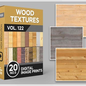 Pode incluir: Uma caixa com 20 texturas digitais de madeira, volume 122. A caixa é marrom com uma borda dourada e apresenta uma colagem de diferentes texturas de madeira. O texto "WOOD TEXTURES" está em letras grandes e em negrito na parte frontal da caixa.