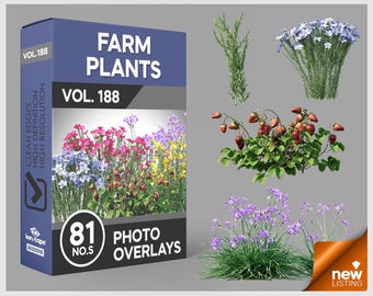 May include: A blue product box labeled FARM PLANTS VOL. 188 with 81 PHOTO OVERLAYS, featuring images of various plants including green stalks, blue flowers, a strawberry plant with red fruit, and purple flowers, alongside individual plant cutouts.
