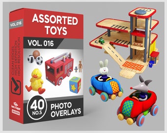 40 superposiciones fotográficas de juguetes variados para Photoshop. Juguetes, juguetes para niños, juguetes para jugar, recortes, álbumes de recortes, superposiciones PNG y descargas digitales.